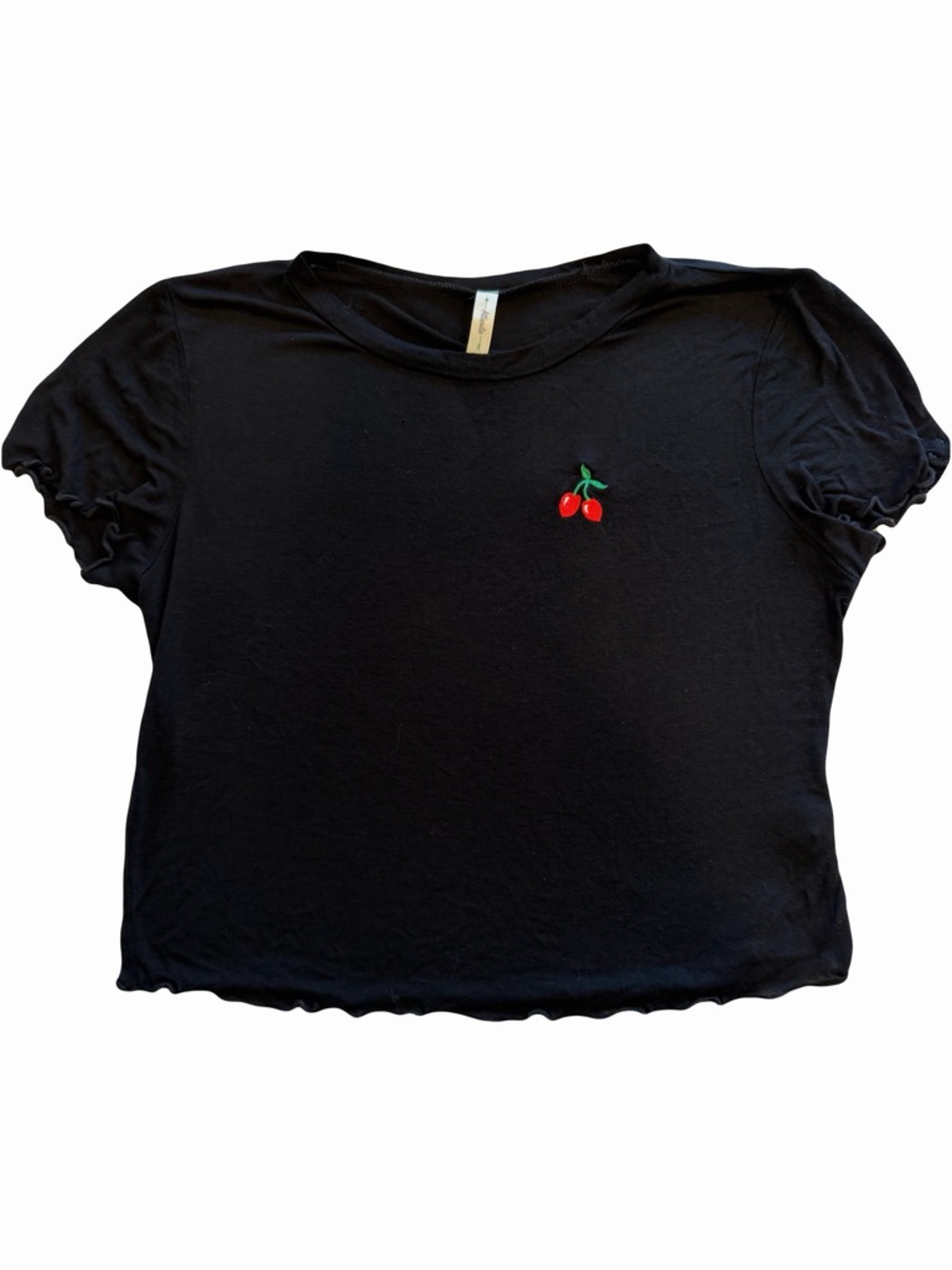 Black Crop Tee with Cherry Embroidery
